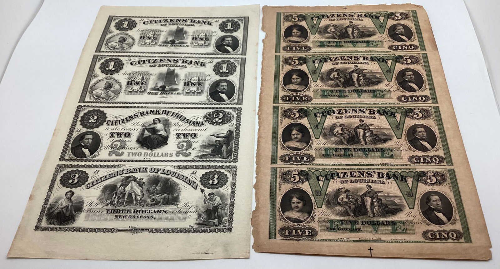 Two Uncut Sheets Obsolete Remainder Bank Notes Citizens Bank of Louisiana (1 of 2)