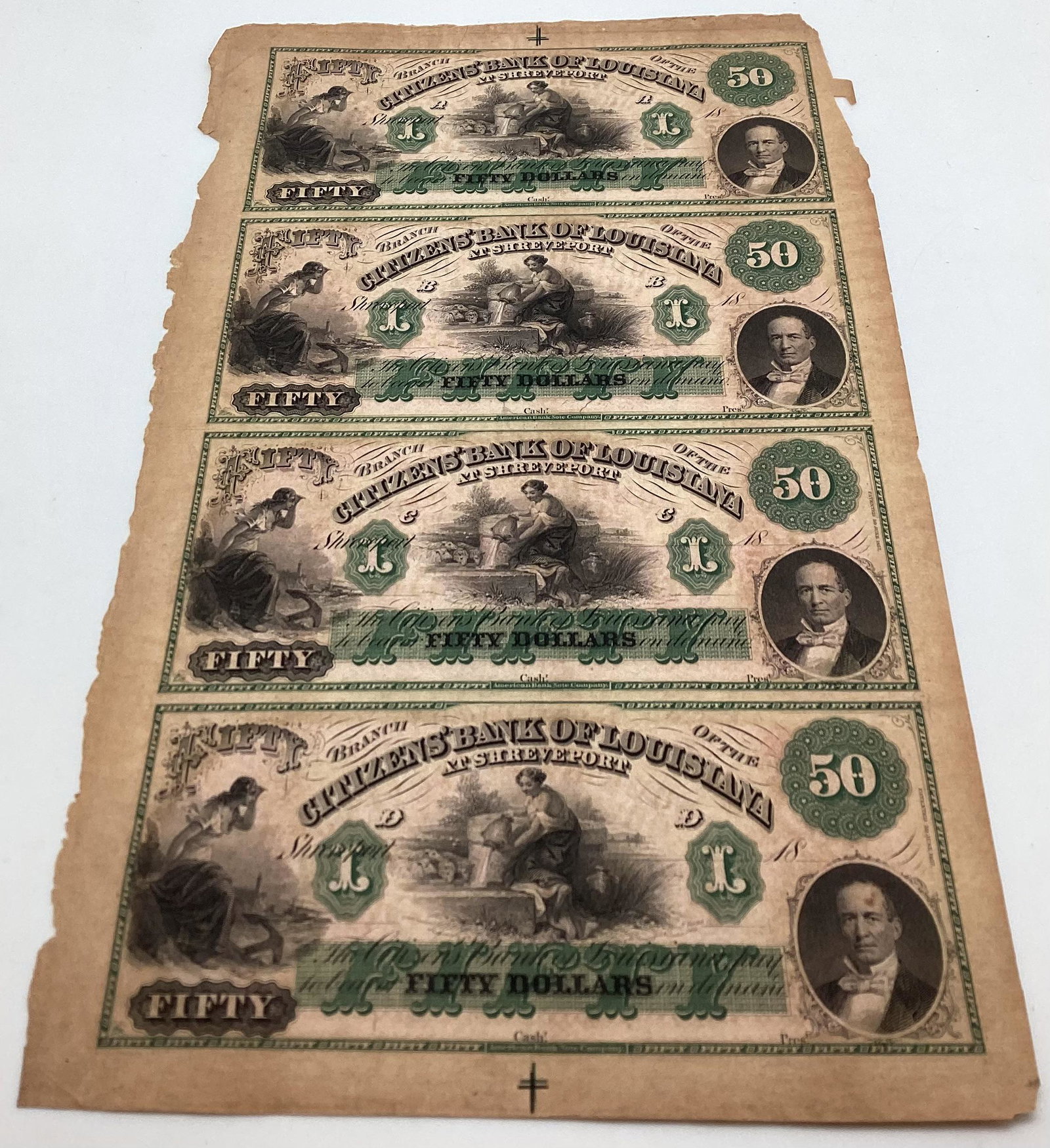 Uncut Sheet Obsolete Remainder $50 Bank Notes Citizens Bank of Louisiana: Printed by American Bank Note Company and one has patent date of 30 June 1857. Edge damage and foxing.