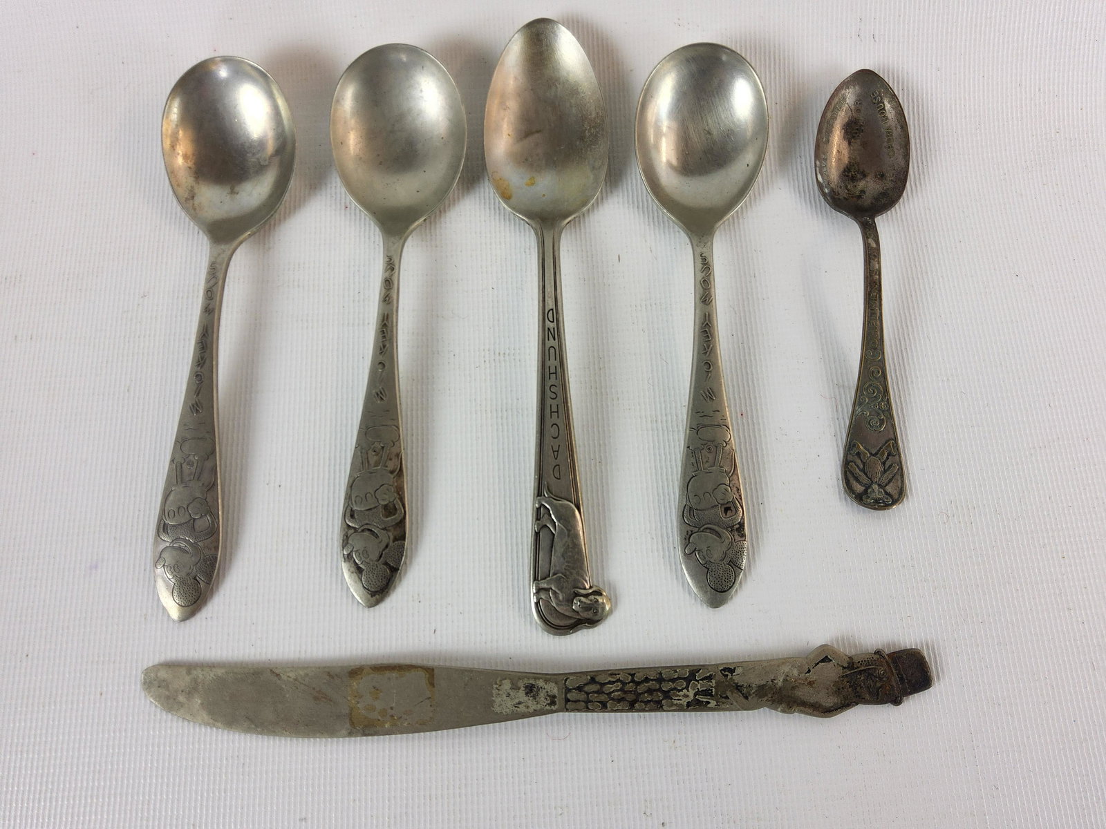 3 Mickey Mouse Spoons, Dachshund Spoon, Harlem Opera House Spoon & Mr. Peanut Knife (1 of 1)