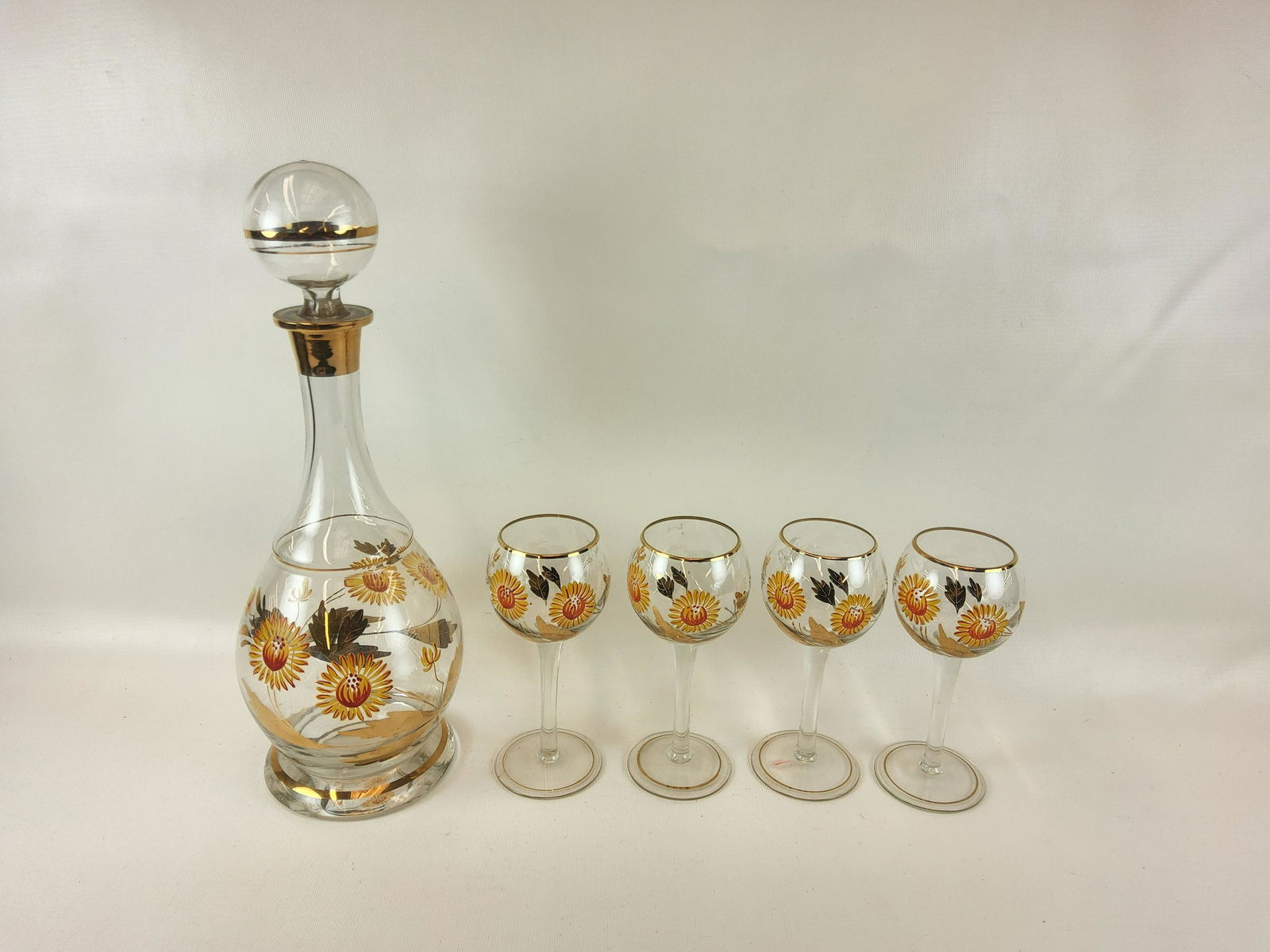 Romanian Handpainted Sunflower MCM Decanter with Four Glasses. (1 of 2)