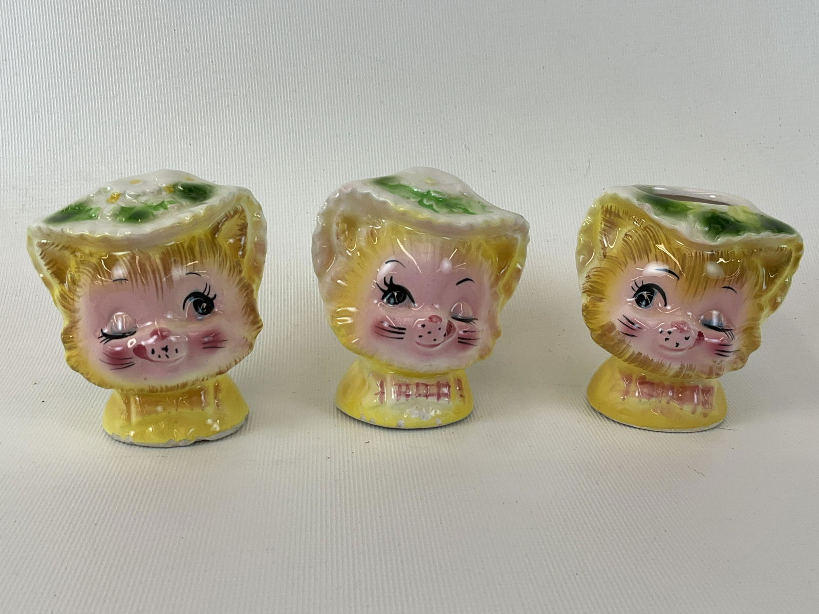 Vintage Enesco Winking Cat Salt and Pepper Sahakers and Toothpick Holder: Nice condition with light general wear - 2.75" high
