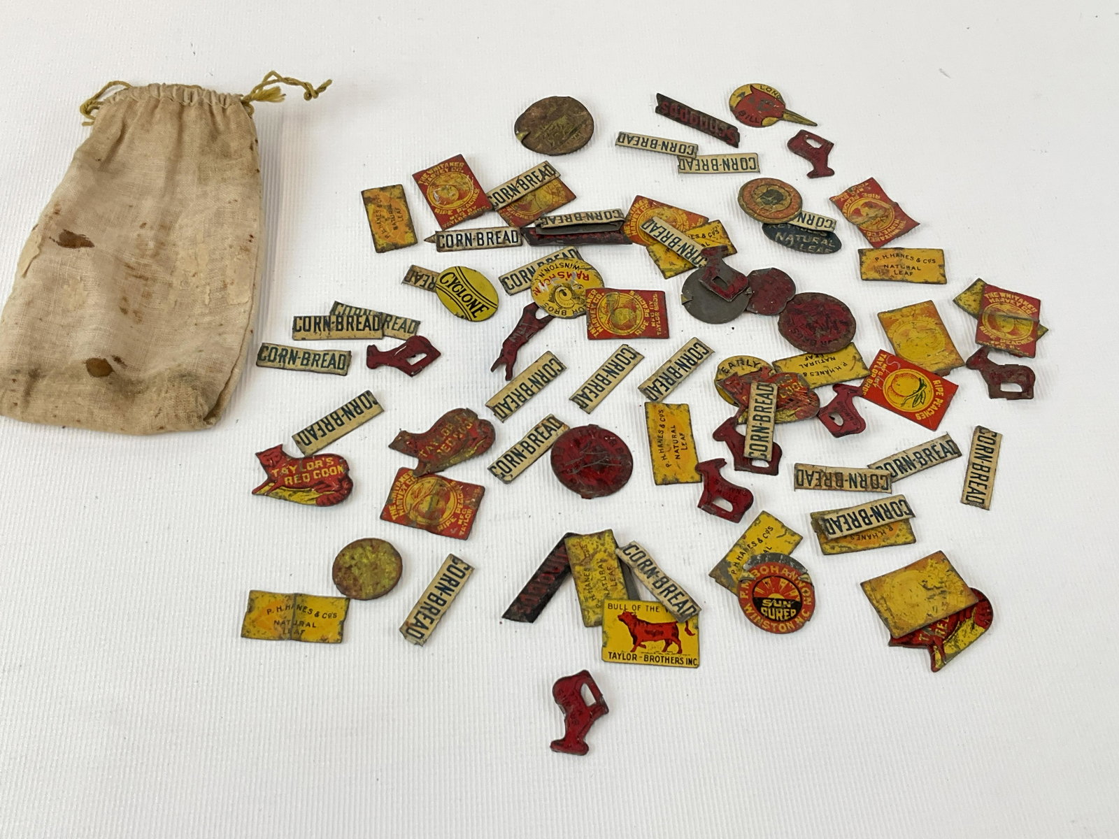 Lot of 50+ Tobacco Tags Reynold's Corn Bread Bull of the Woods Etc: Various sizes and conditions