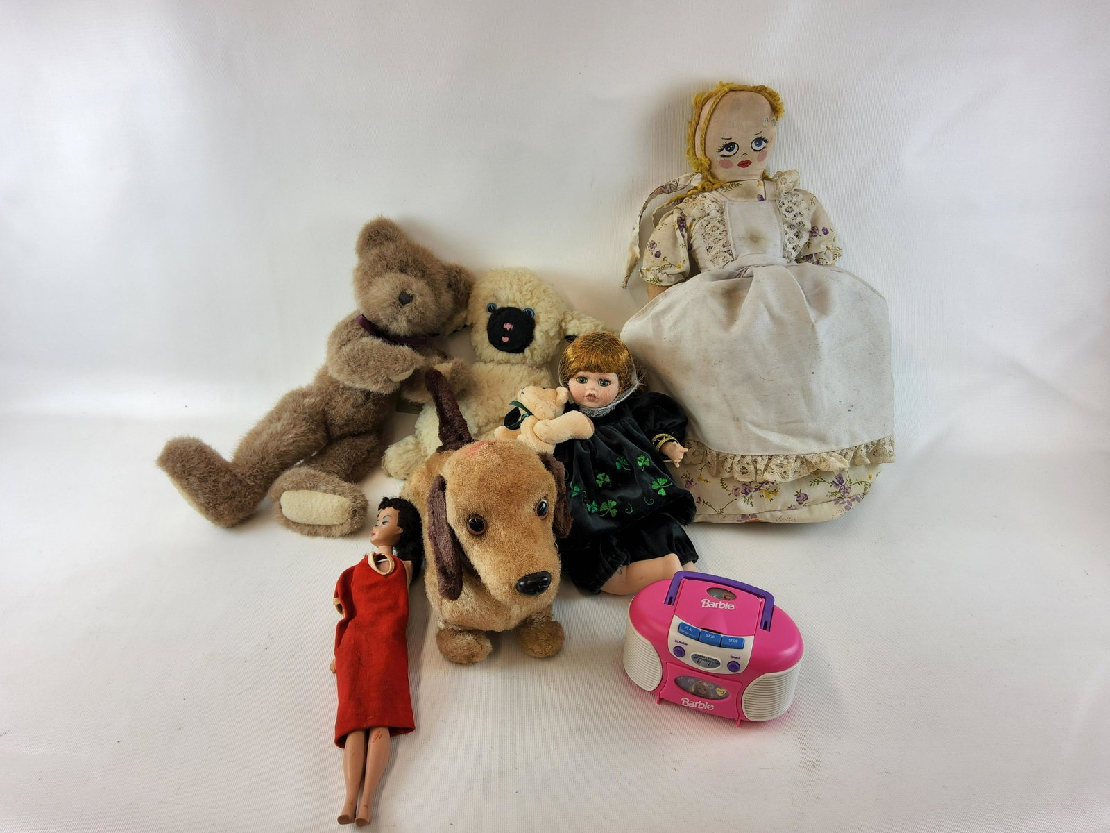 Group of Vintage Toys, Battery Operated Made in Japan Dog, Wind-up Musical Doll and Lamb, Etc.: Dog has considerable wear and is 13" long