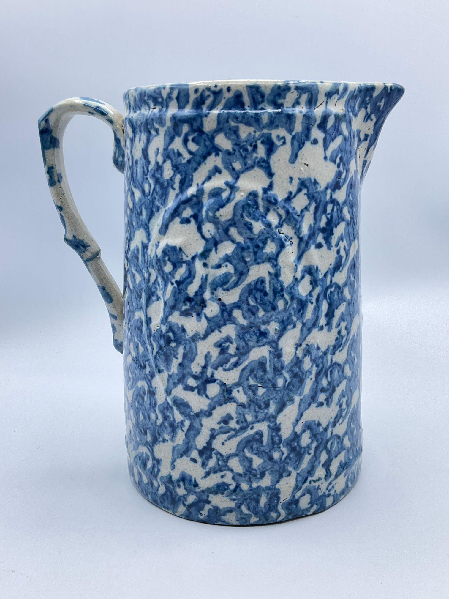 Rare Girl and Dog Medallion Blue & White Spongeware Pitcher (1 of 6)