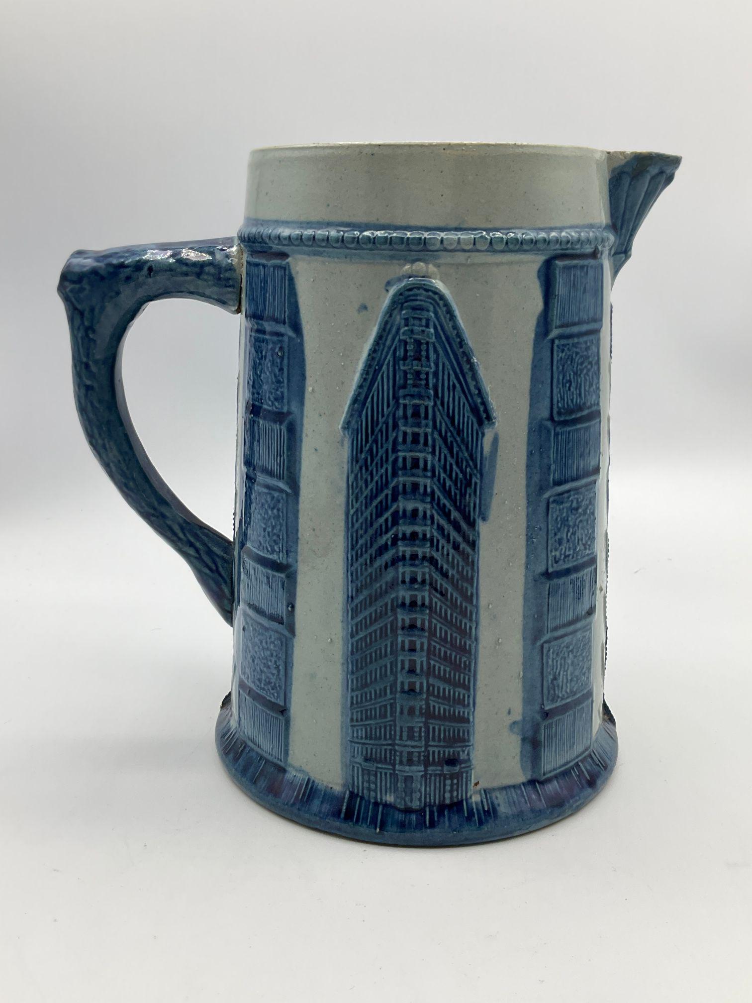 Blue & White Salt Glaze Flatiron Building Pitcher (1 of 6)