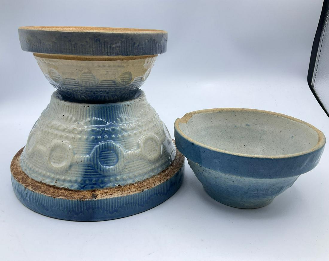 Blue & White Salt Glaze Wedding Ring Bowls: 7.25 inch wide-crazing and discoloration. 5.25-crazing and chipped base. 5.25-large chip and crack.
