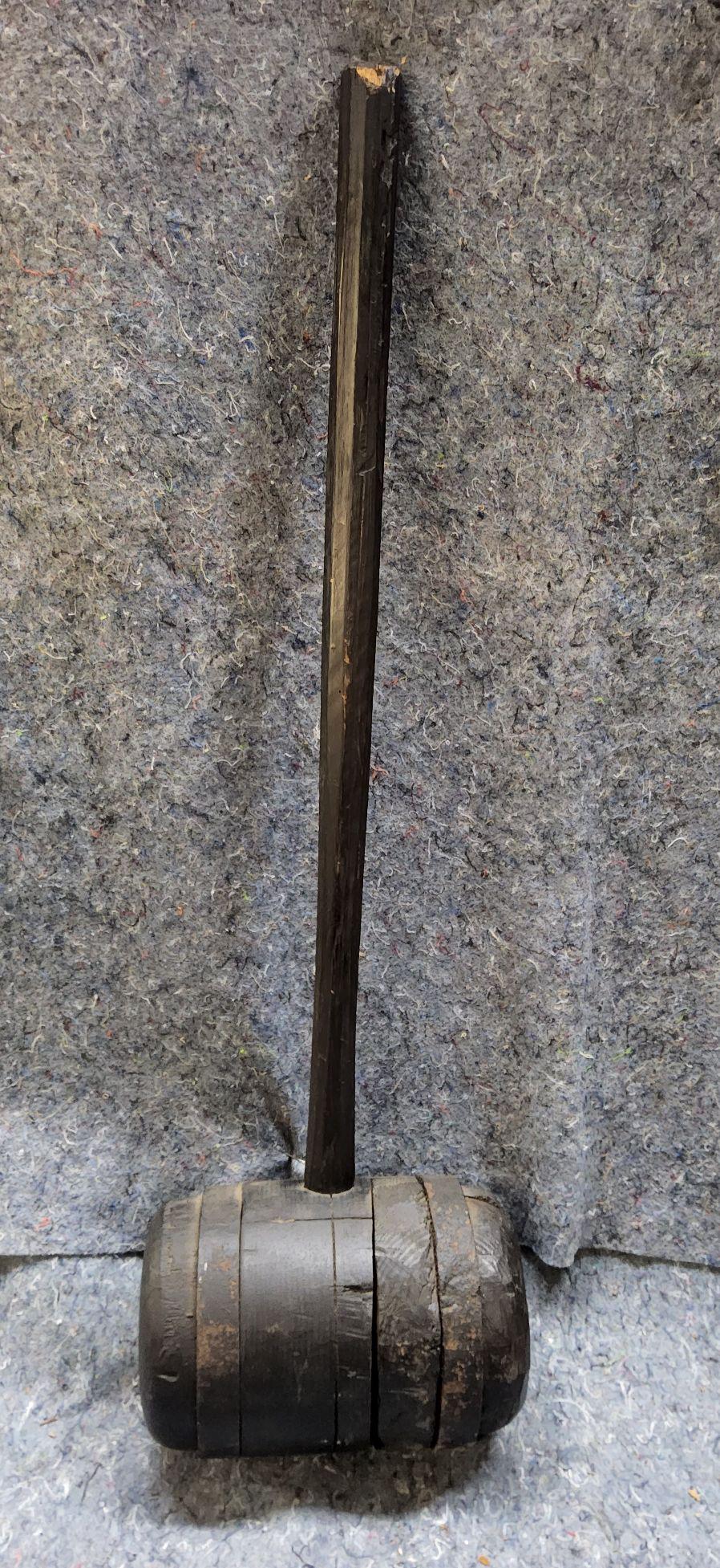 Vintage Circus Carnival Strong Man Game Mallet: Wooden with iron bands - 34" long, 7" in diameter