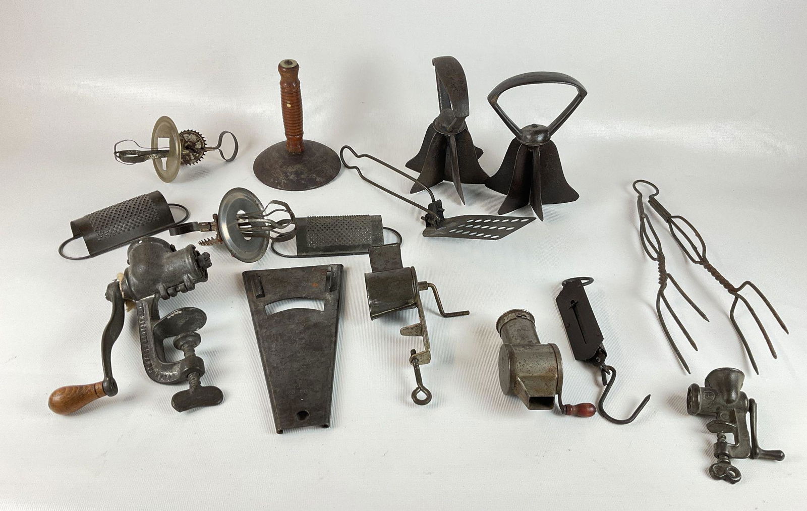 Antique & Vintage Kitchen Gadgets: Choppers, nutmeg graters, pocket balance scales, Rollman Food Chopper, MTE spice grinder, Openzall jar and bottle opener, small cast iron grinder marked US, egg beaters, and much more. All with modera