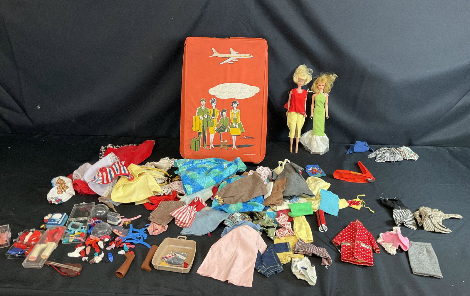 Mattel Dolls & Accessories: Some homemade clothes, includes shoes, Francie raincoat with bonnet, some marked Skipper clothes, a Skipper scooter, a dress a coat labeled Mattel Barbie, and a 1958 Midge and 1963 Skipper. Both dolls