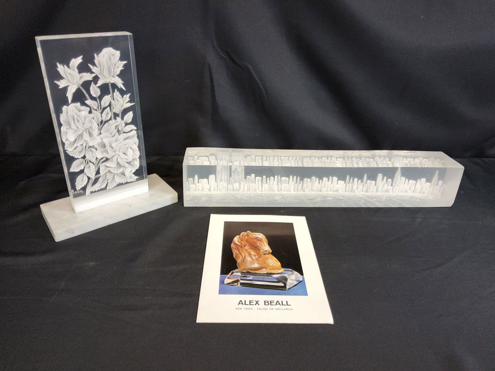 Two MCM Lucite Carved Sculptures Born Alex Baell 1970's: Very good condition with light general wear, one marked 'Born.' and one attributed to Alex Baell - 3.5" x 8" x 11.25" and 3" x 3.25 " x 19.25 "