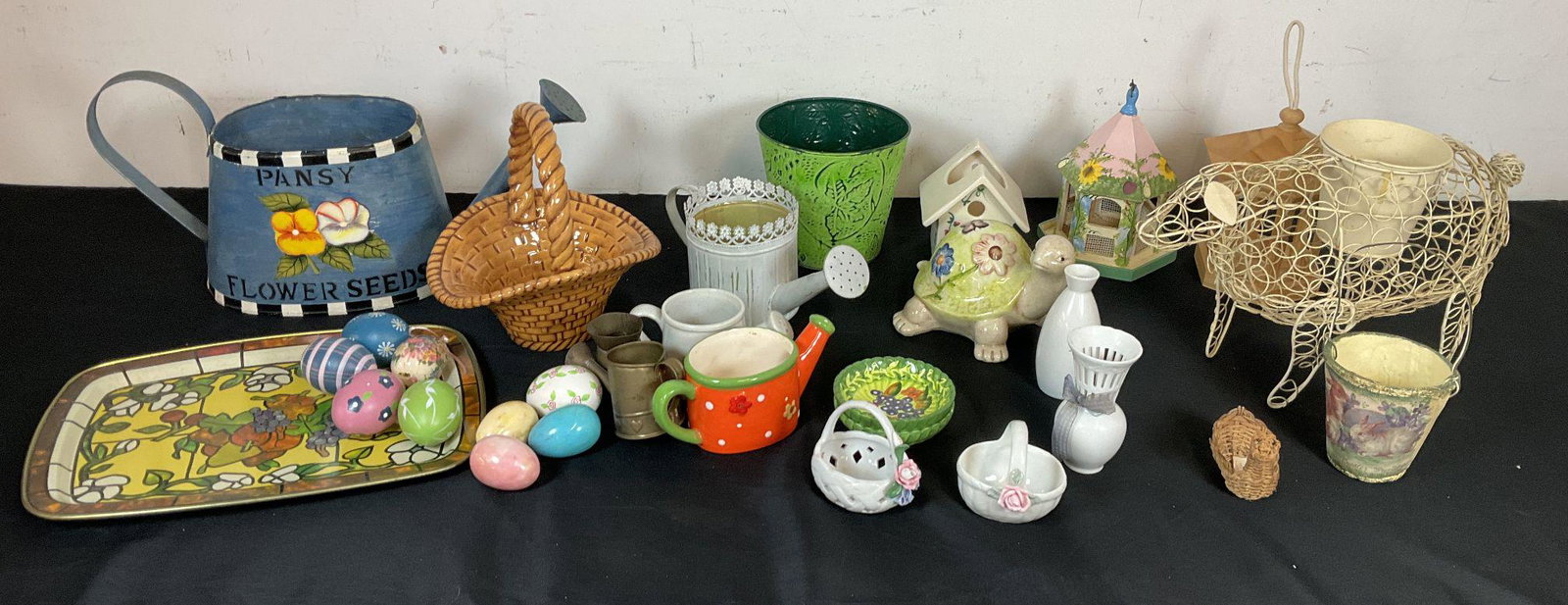 Springtime Easter Decor: Decorative watering cans, dyed marble and wooden eggs, wire sheep planter, etc. Good condition. Sheep is 9 " tall.
