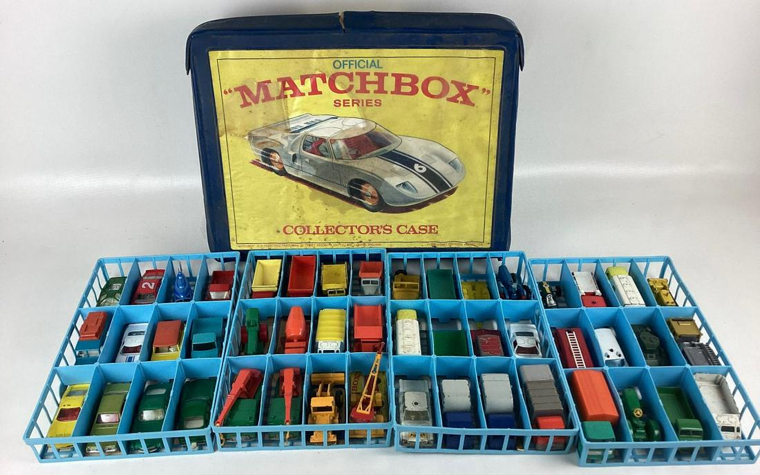 1970s Matchbox Car Case with 48 Cars: A few of the cars are off brands or of later vintage. Most show wear.