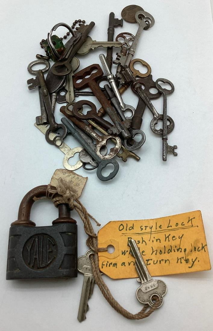 Lot of Early Keys and a Yale Lock: lock has working keys. Wear and some rust.
