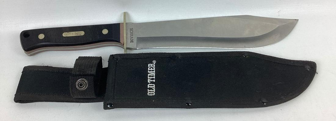 Schrade Old Timer Bowie Knife: Minor wear. Blade 9 3/4" long. Overall 15 1/4"