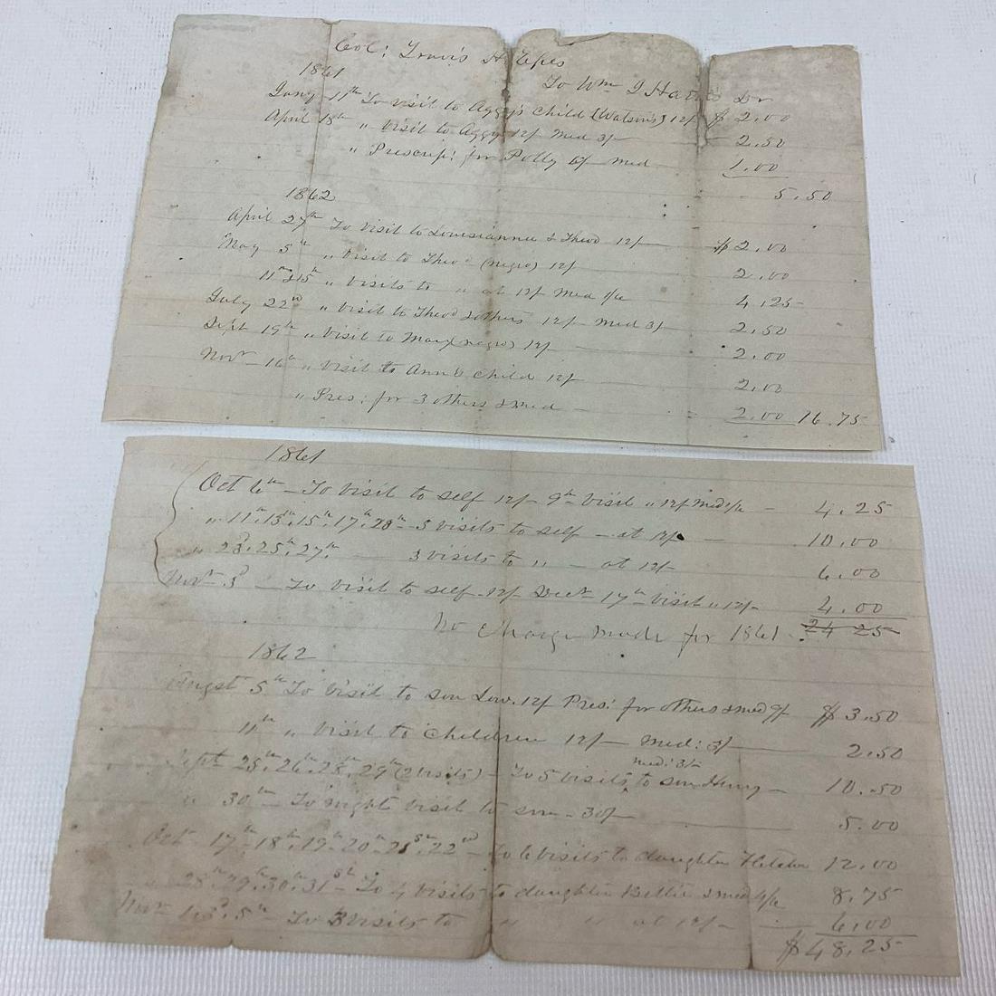 Two Receipts for Colonel Travis H Epes For Medical Services 1861-62: Includes an entry for negros. Dr William J Harris is the physician and both men are from Nottoway County Virginia. Colonel Epes was a prominent citizen and was opposed to Virginia leaving the union. T
