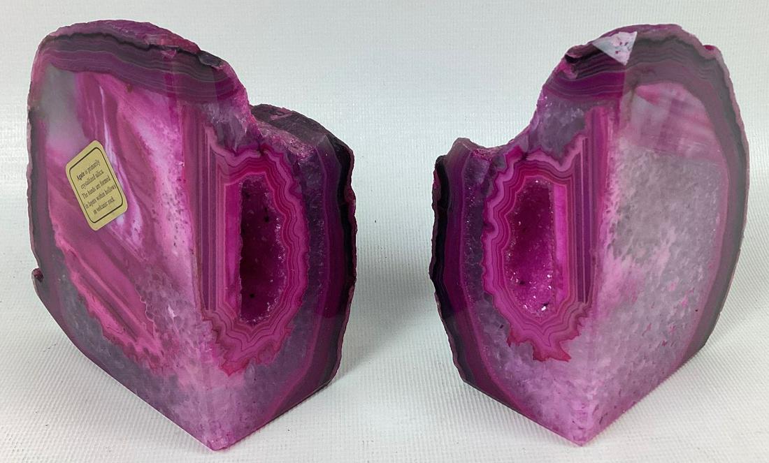 Matched Pair of Pink Agate Geode Bookends: Cut from the same stone and each has a crystal pocket. 4 1/2" tall