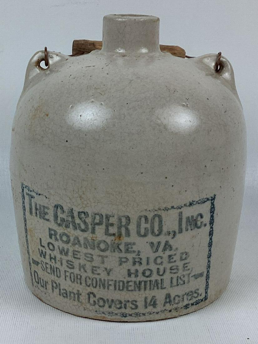 Rare Pre-Prohibition Casper 1/2 Gallon Whiskey Jug Roanoke Virginia: Bail has been replaced. Cracks on backside. 7 1/2" tall