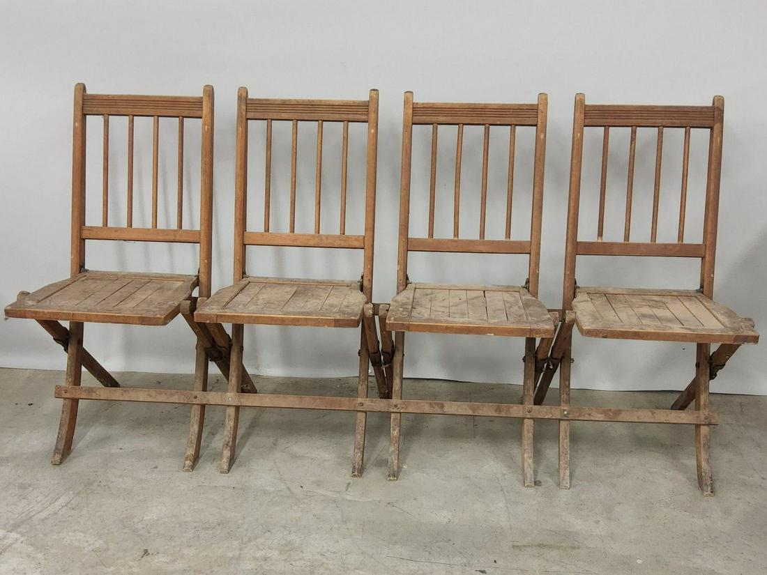 Vintage Four Wooden Chair Stadium Seating: Wear from previous use. Will need a good cleaning. Works as it should. Measures W 63" L 18" H 34"