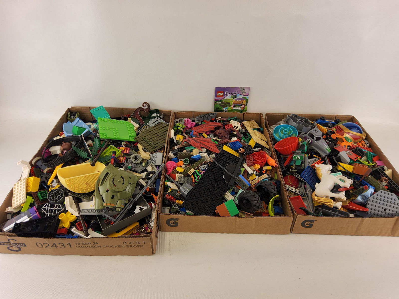 Three Boxes Lego Parts Mixed with Various Toys: Wear from previous use.