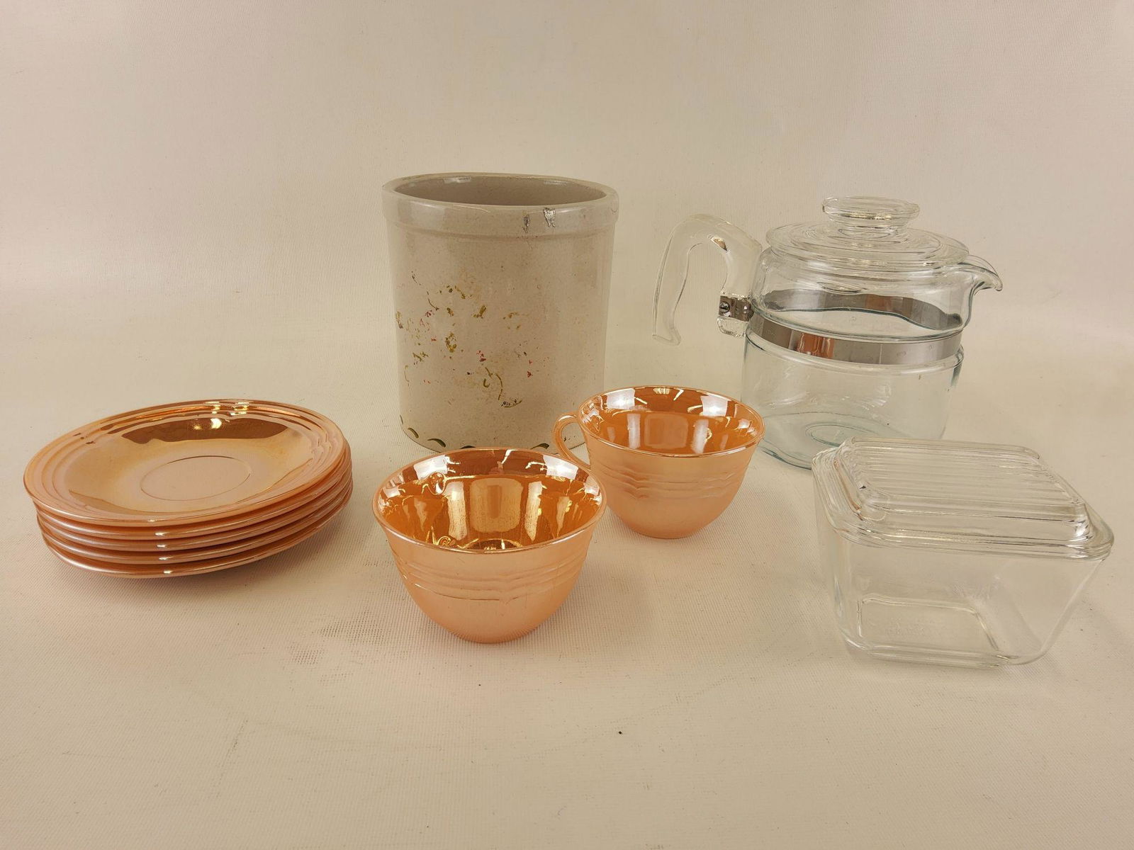 Pyrex Fire King Roseville Assorted: Pyrex 4 cup coffee Percolator and small refrigerator dish. Fire King cups and saucers. Roseville Crock 5 3/4 inches across 6 inches tall.
