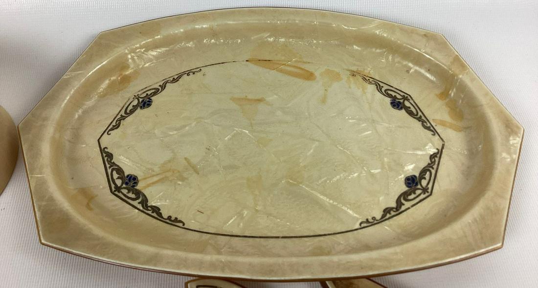 1930s Art Deco Dresser Set with Tray: Spots of damage on tray and hair receiver. Tray 11" long.
