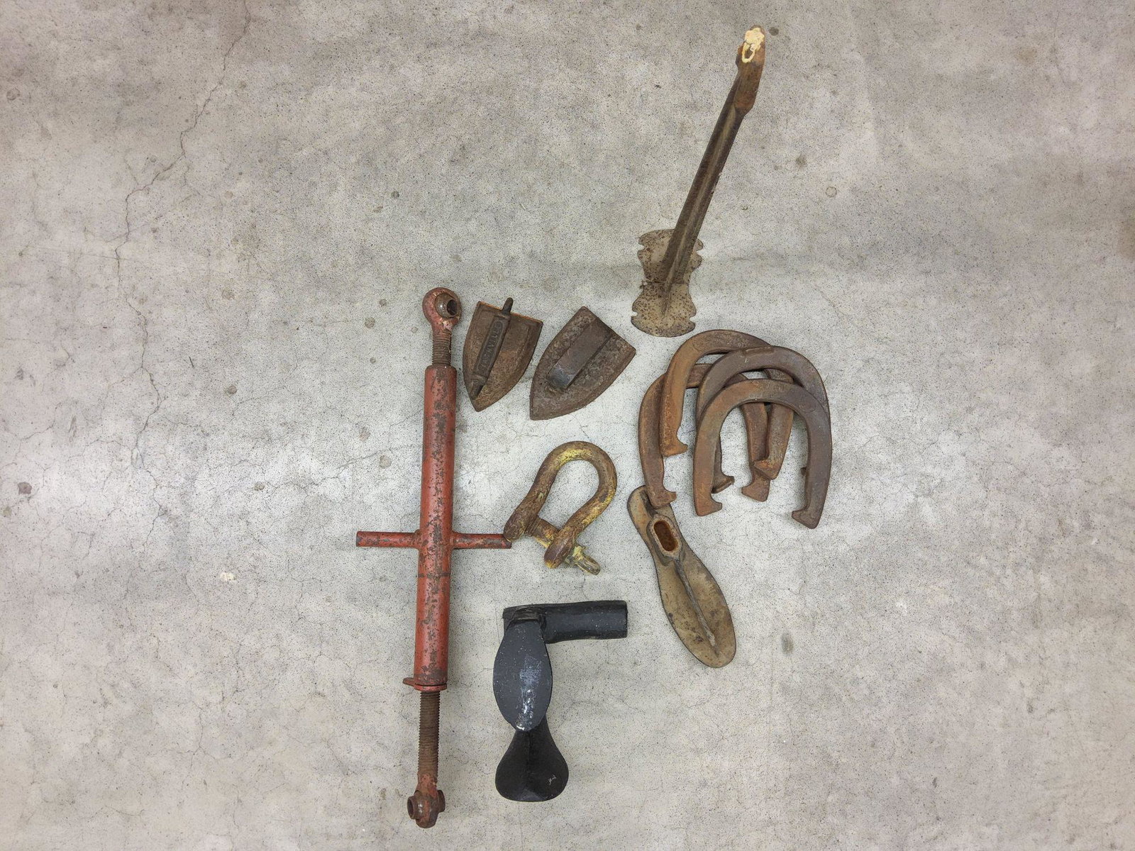 Cast Iron Horseshoes Shoe Last Sad Irons etc.: Generally rough condition. Cobbler's stand is 24 inches tall.