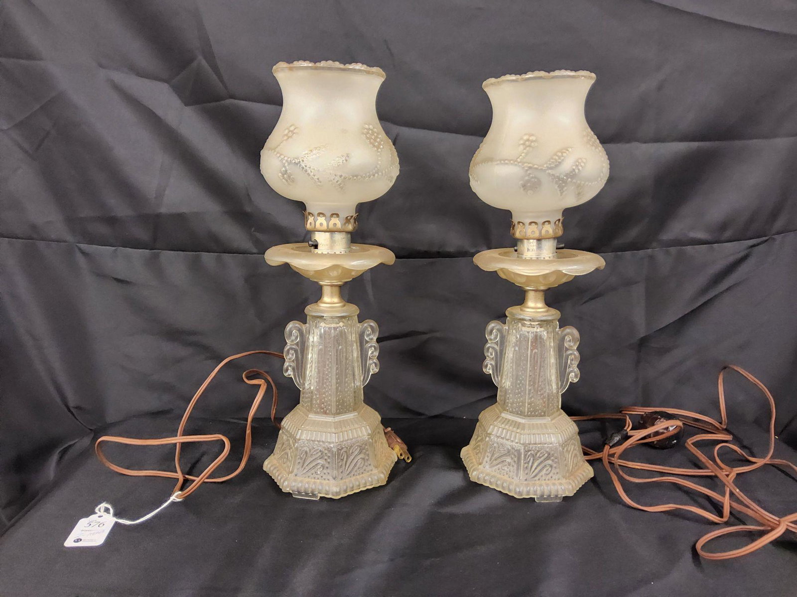 Pair of Pressed Glass Boudoir Lamps: Very go od condition but do need a thorough cleaning. Measure 14 inches high.