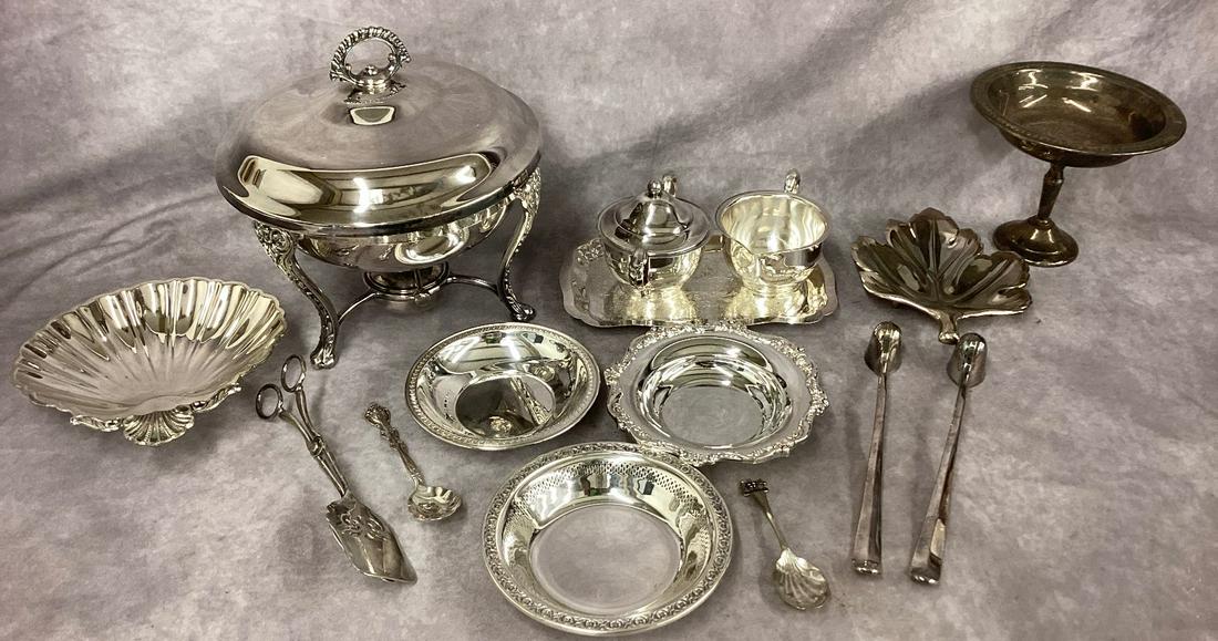 Lot of Silverplate including Chafing Dish: Includes nut bowls, candle snuffers, sugar and creamer, etc. wear from use. Chafing dish 10" wide.