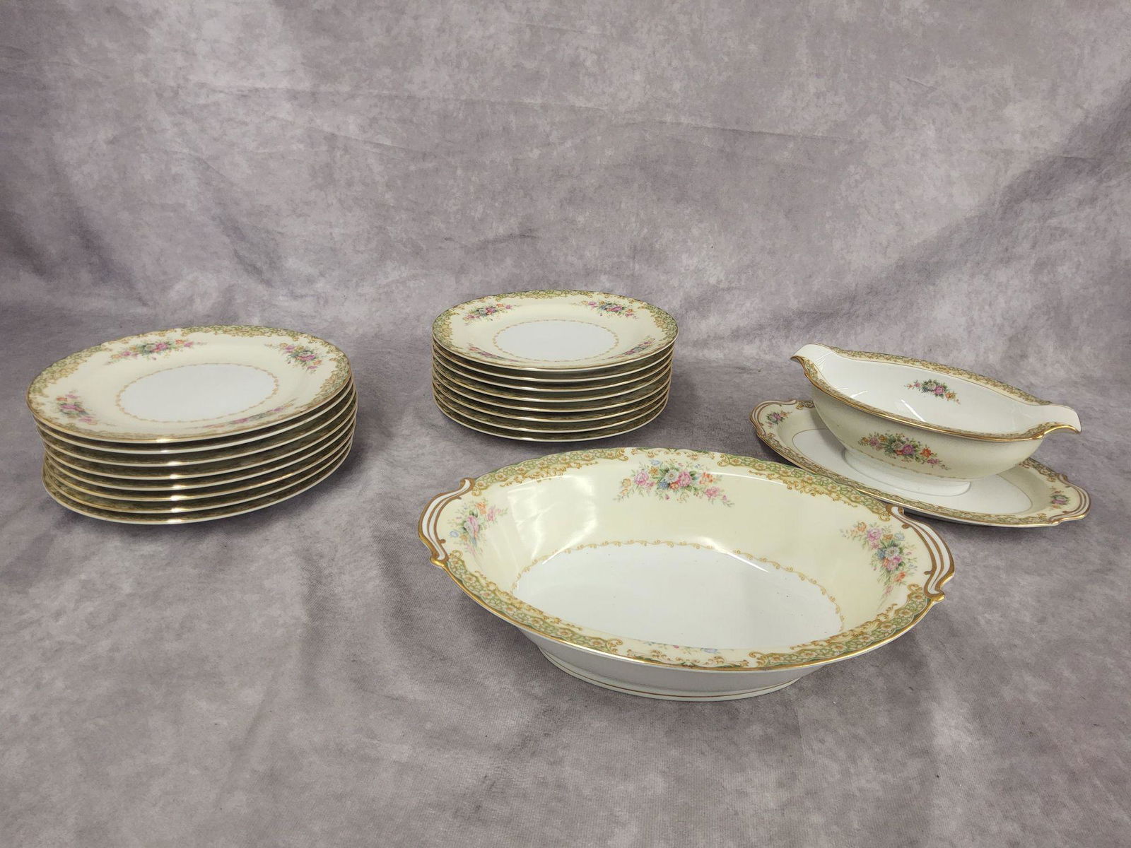 Occupied Japan Rose China Gravy Boat Salad Plates Noritake Serving Bowl: Slight wear from previous use. Serving bowl measures 10 1/2" x 7 1/2" . Plate 8 inches across. Gravy boat 9 inches long.
