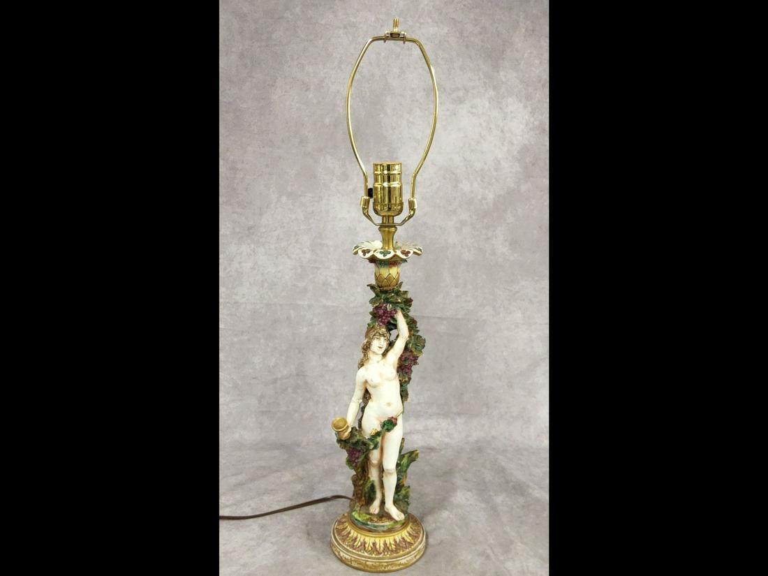 Vtg Unique Colorful Figural Nymph Marked Porcelain Lamp: Slight wear from previous use. Possible repair to arm. 24 inches tall. Tested