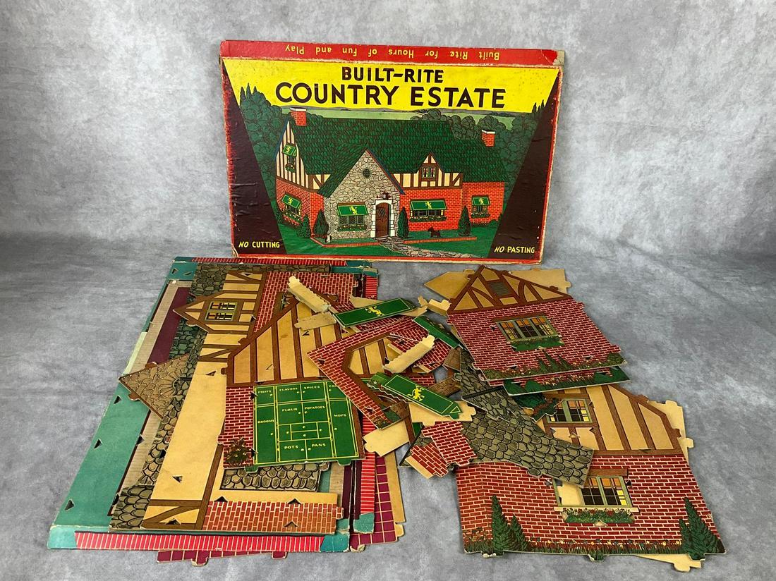 1930's Bilt-Rite Cardboard Country Estate Dollhouse: Set No. 2050. Edge wear to pieces. Colors are still strong. Unknown if complete. Made by Warren Paper Products.