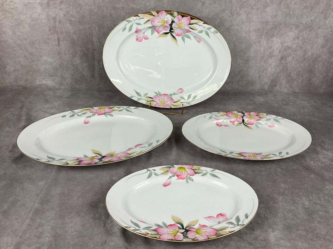 Noritake Azalea Platters: Hand painted. Two 13.5 inch wide-one with chipped edge. Others are 11.75 and 10.25. Red and green back stamps. Good condition.