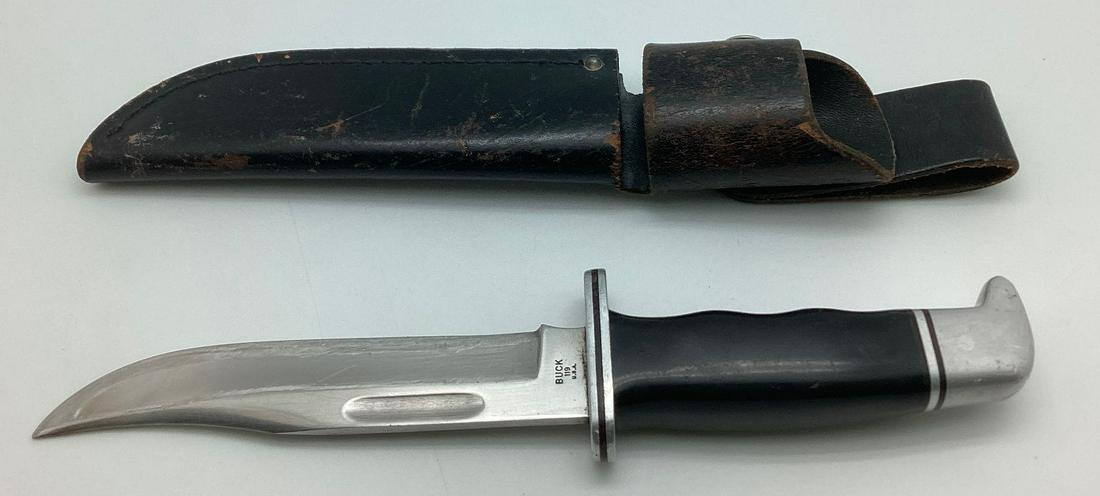 Buck 119 Hunting Knife: Has correct sheath. Wear from use and blade has been sharpened. Blade 6" long.
