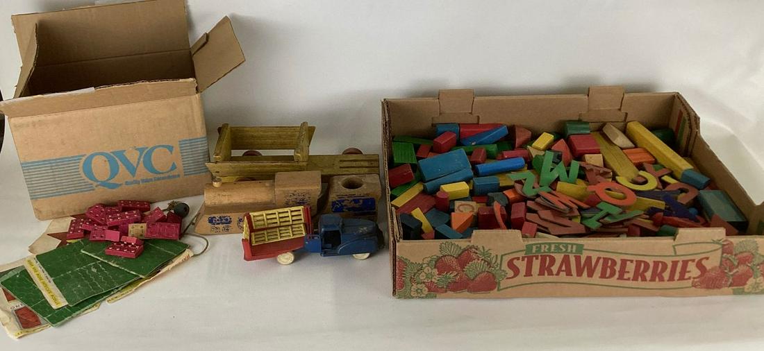 Group of Vintage Wooden Toys: Building blocks, bricks, train etc. all show heavy wear from use.