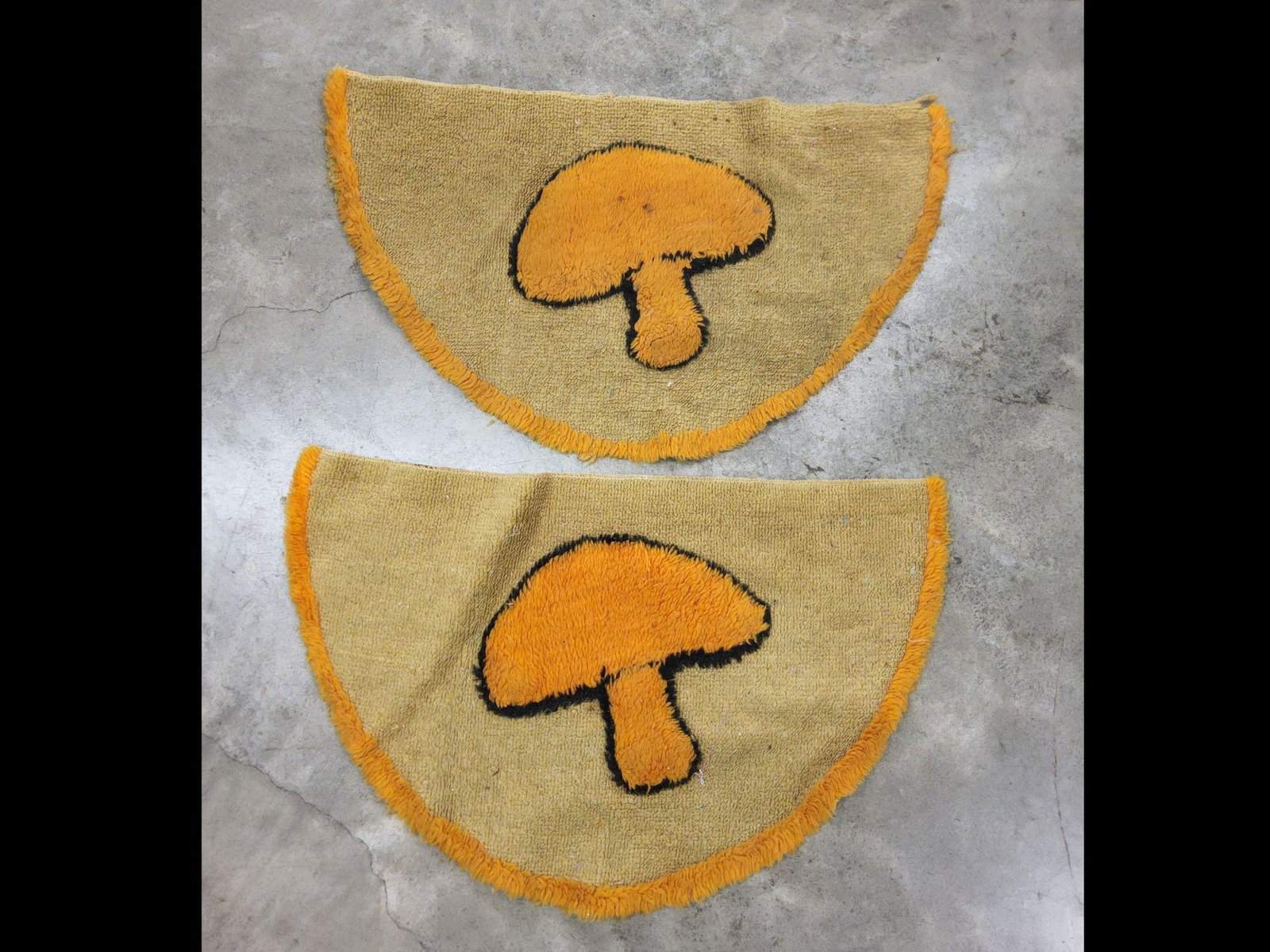 Two Vintage Retro Shag Mushroom Half Moon Rugs: Wear from previous use. Measures approximately 30" x 18". Some soiling noted.