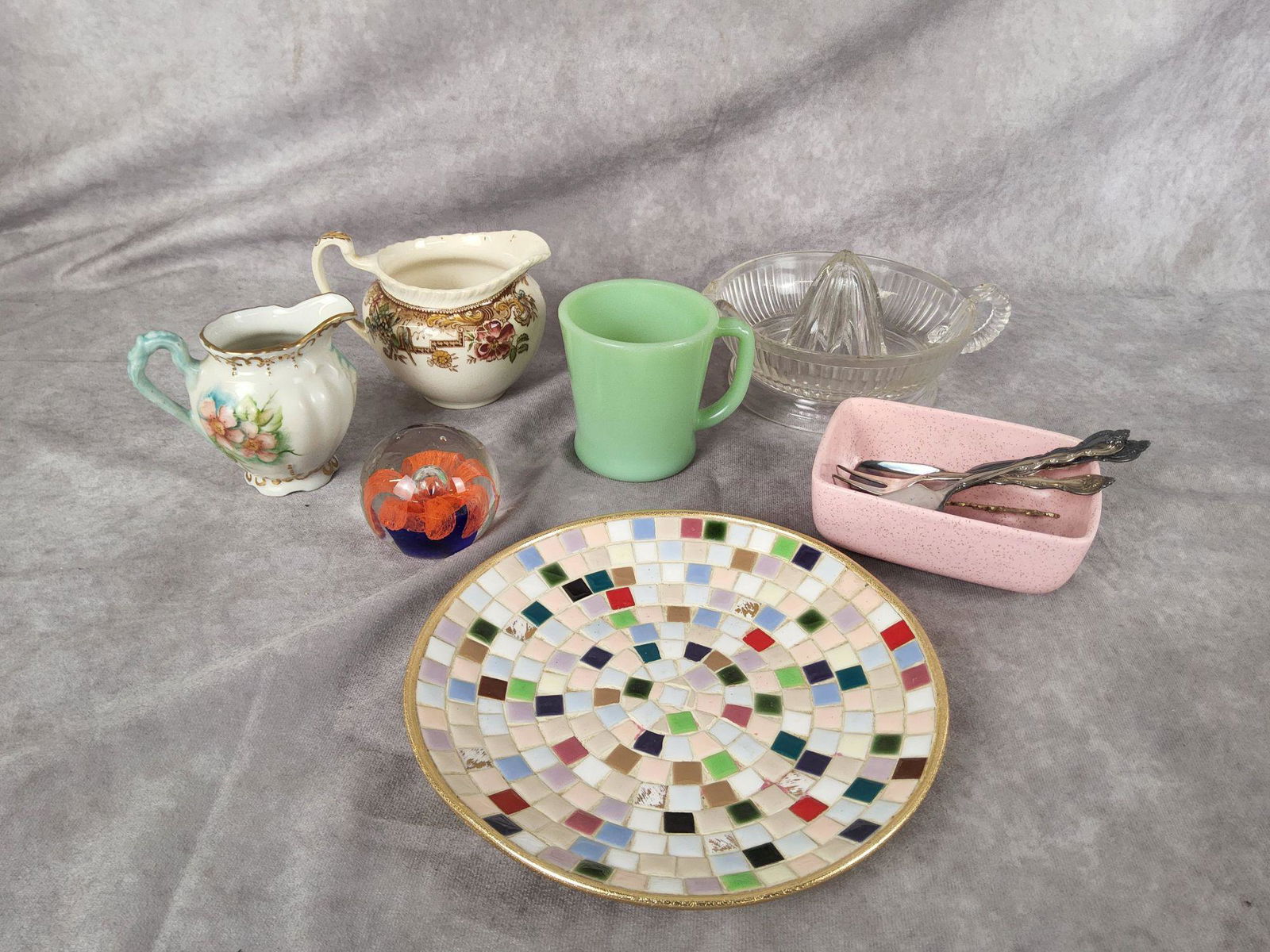 Vintage Glassware Group Jadeite D Handle Coffee Mug: Good condition throughout with light general wear. Mug is in good condition with no utensil marks. Plate measures8 inches in diameter.