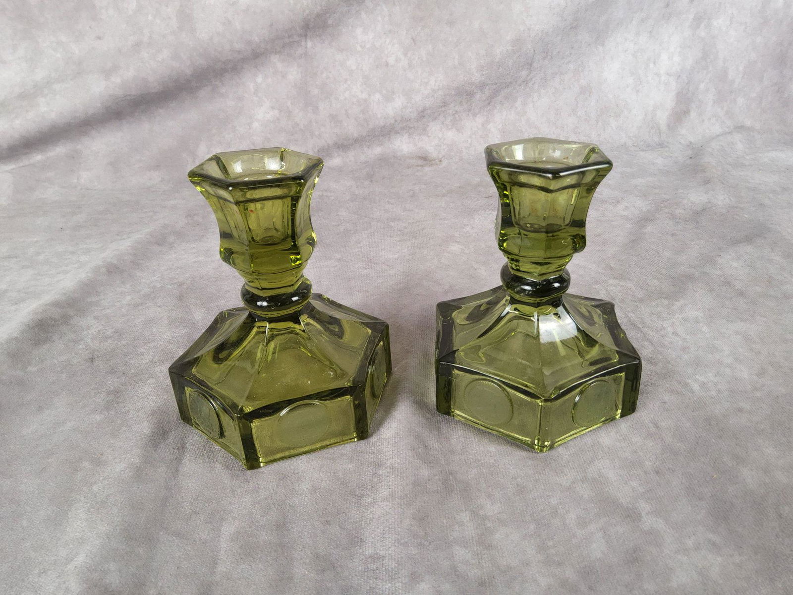 Green Coin Spot American Fostoria Candlestick Pair (1 of 4)