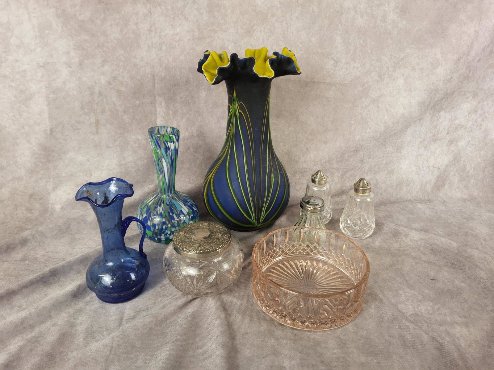 Contemporary Art Pottery Vase and Other Glassware: Large Vase measures 12 inches tall and is in very good condition. Good condition on the other Glassware.