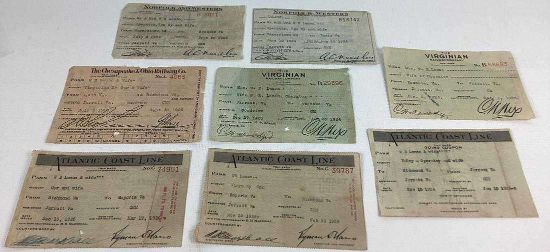 Lot of 8 Trip Passes from Virginian, C&O, N&W and ACL Railways.: All dated in the 1920s. Wear and some stains.