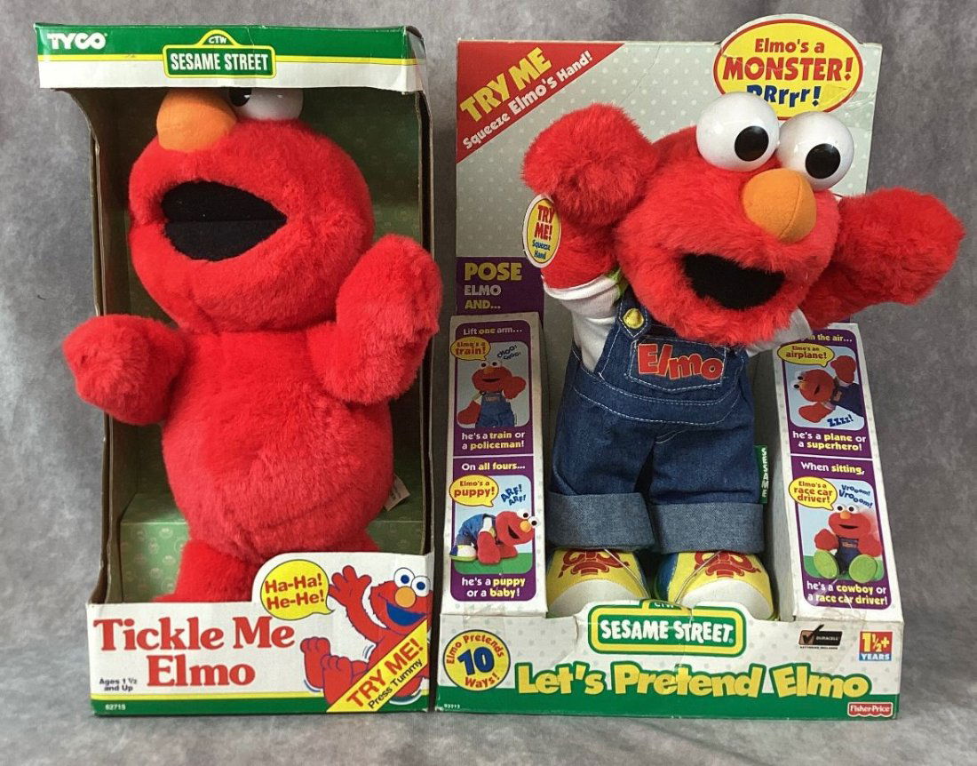 Original Tickle Me Elmo and Let's Pretend Elmo: Unused in original boxes. Storage wear. Untested. 16" tall.
