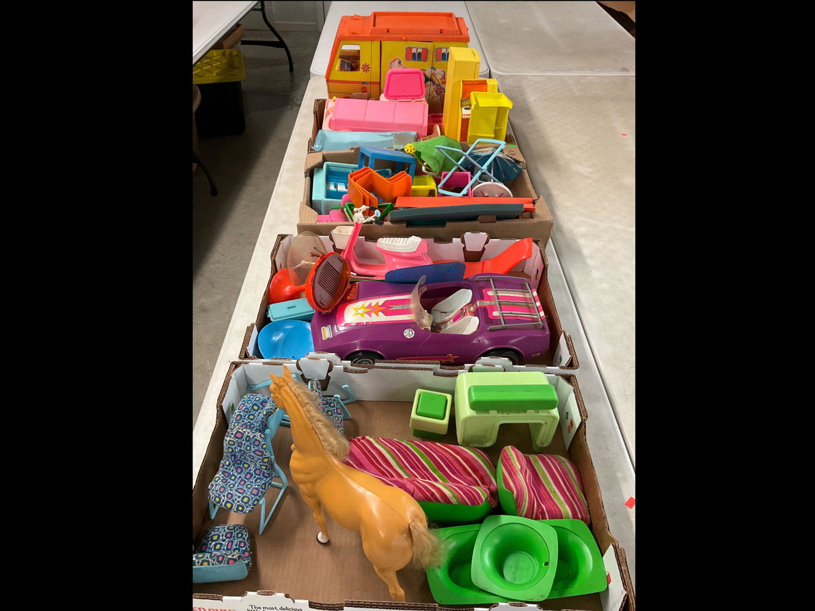 1970's-1980's Barbie Furnishings: All pieces need cleaning and show wear. Not guaranteed to be complete. Includes Country Camper, Corvette, pink motorcycle, bed and bath, Pepsi dinette, kitchen stove and refrigerator, and much more.