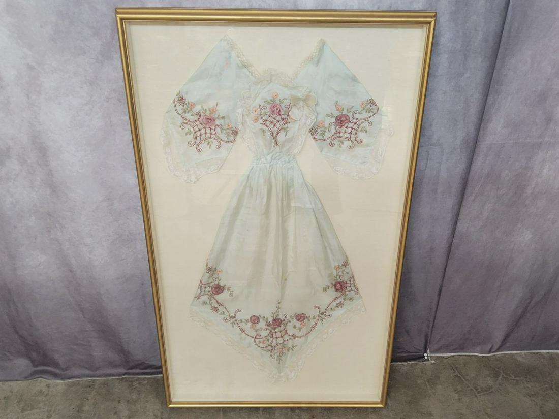 Large Framed Vintage Decorative Embroidered Dress: Very good condition with light wear to frame. Measures 25 inches x 42 inches.
