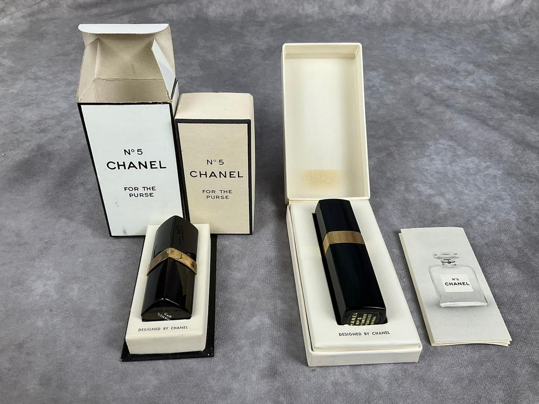 Chanel No. 5 Perfume: Both marked â€œ For the Purse â€œ. Both feel like they have full contents but are not guaranteed. Wear to boxes. Tallest is 3.5 inches.