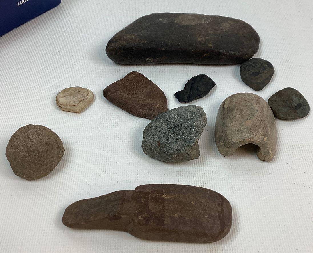 Group of Natural And Worked Stones includes Two Broken Gorgets: They are two halves of two different Native American gorget or banner stones plus other stones that could either be worked or simply naturally occurring shapes. Largest 4 1/2" long.