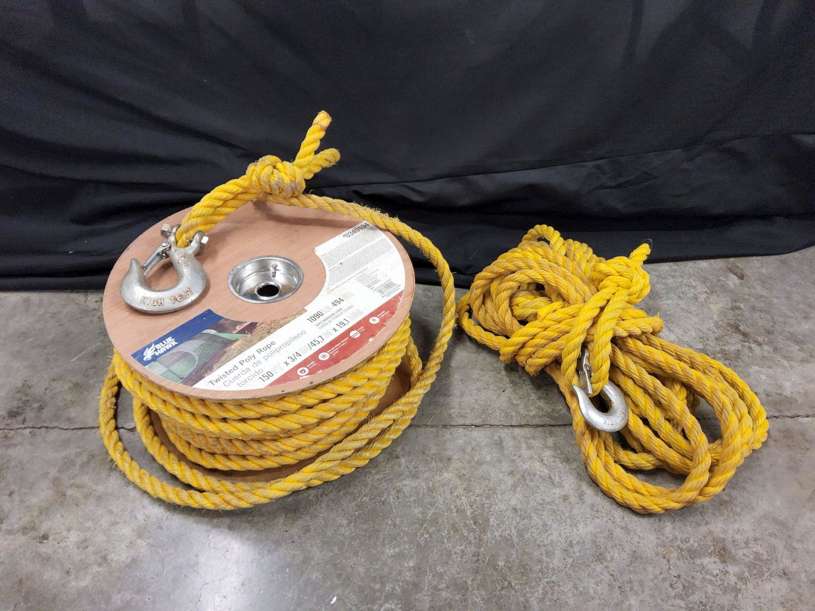Blue Hawk Poly Rope: Used condition. Roll contains 150 feet of 1090 pound twisted poly rope with identical second rope of unknown length.