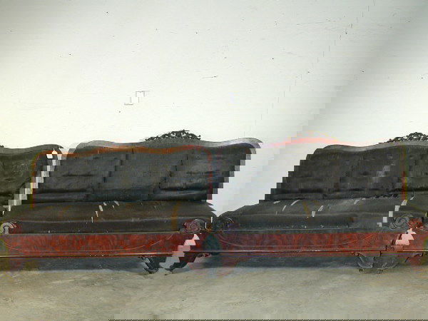 Pair of Empire Settees: ca 1840, mahogany flame veneer, matched pair, pierced carved crest over flanking scroll medallions on front over graceful feet. As found condition with original upholstery. 38" h x 60" w x 27" d.