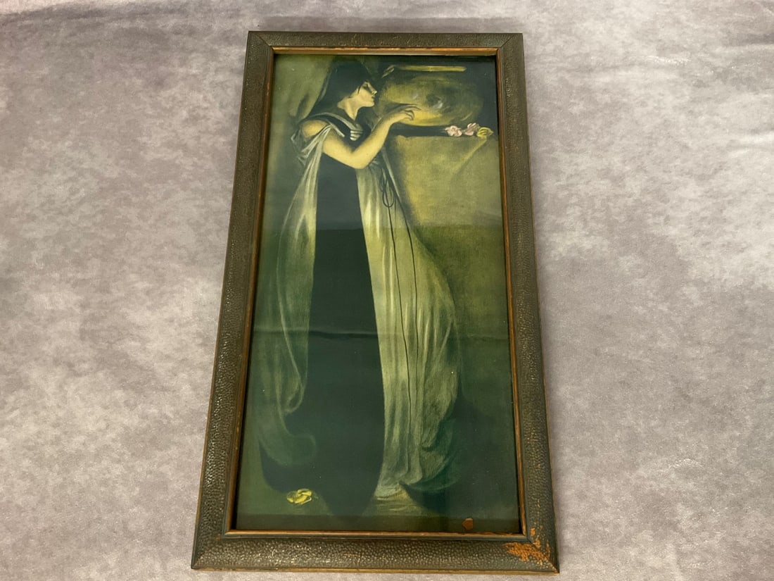 Isabella and the Pot of Basil Print: Original by John White Alexander. In early 20th century pebbled finish frame. Paint has worn in off spots of frame but still has a good look. 9.5 inches wide x 17.75 inches tall.