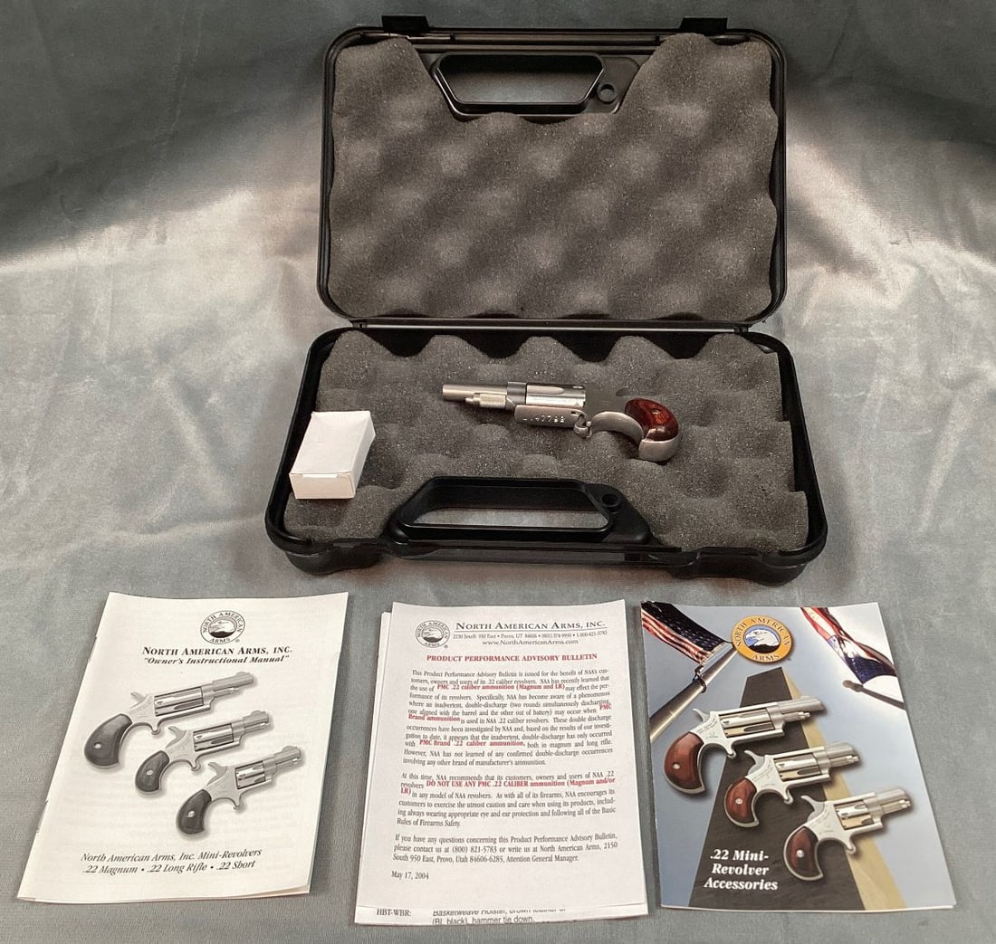 North American Arms Inc. Mini-Revolver in .22 Long Rifle: Serial# L147798. 99% finish with excellent bore and grips. Includes original hardcase and paperwork. Barrel 1 5/8" Overall 4 1/2" Registration Required