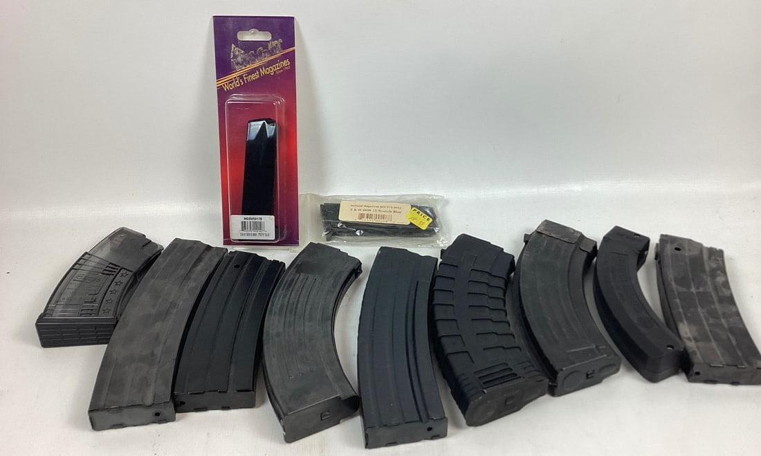 Lot of 11 Magazines for Rifle and Pistol: Various calibers including 7.62, 9mm, 22 etc. wear from use.