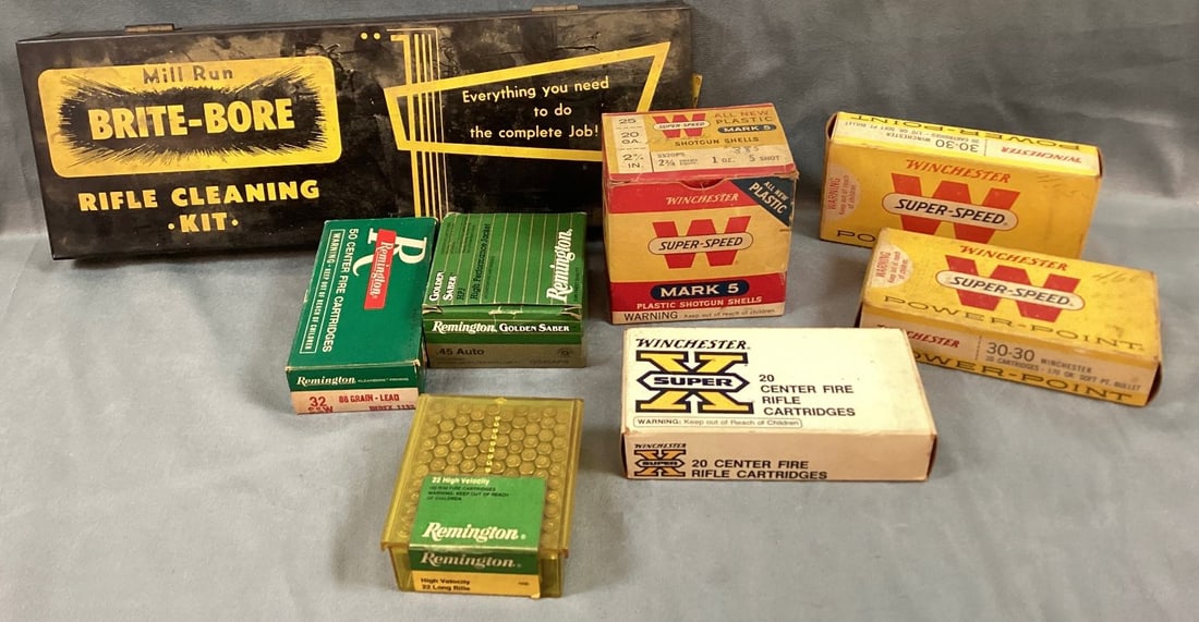 Group of Miscellaneous Ammunition and a Cleaning Kit: 45 auto is full, one box of 30-30 is full other two are brass, half box of 32 Smith, 8 shells in 20GA box. Wear to boxes. Cleaning kit is a mix of makers and is incomplete.
